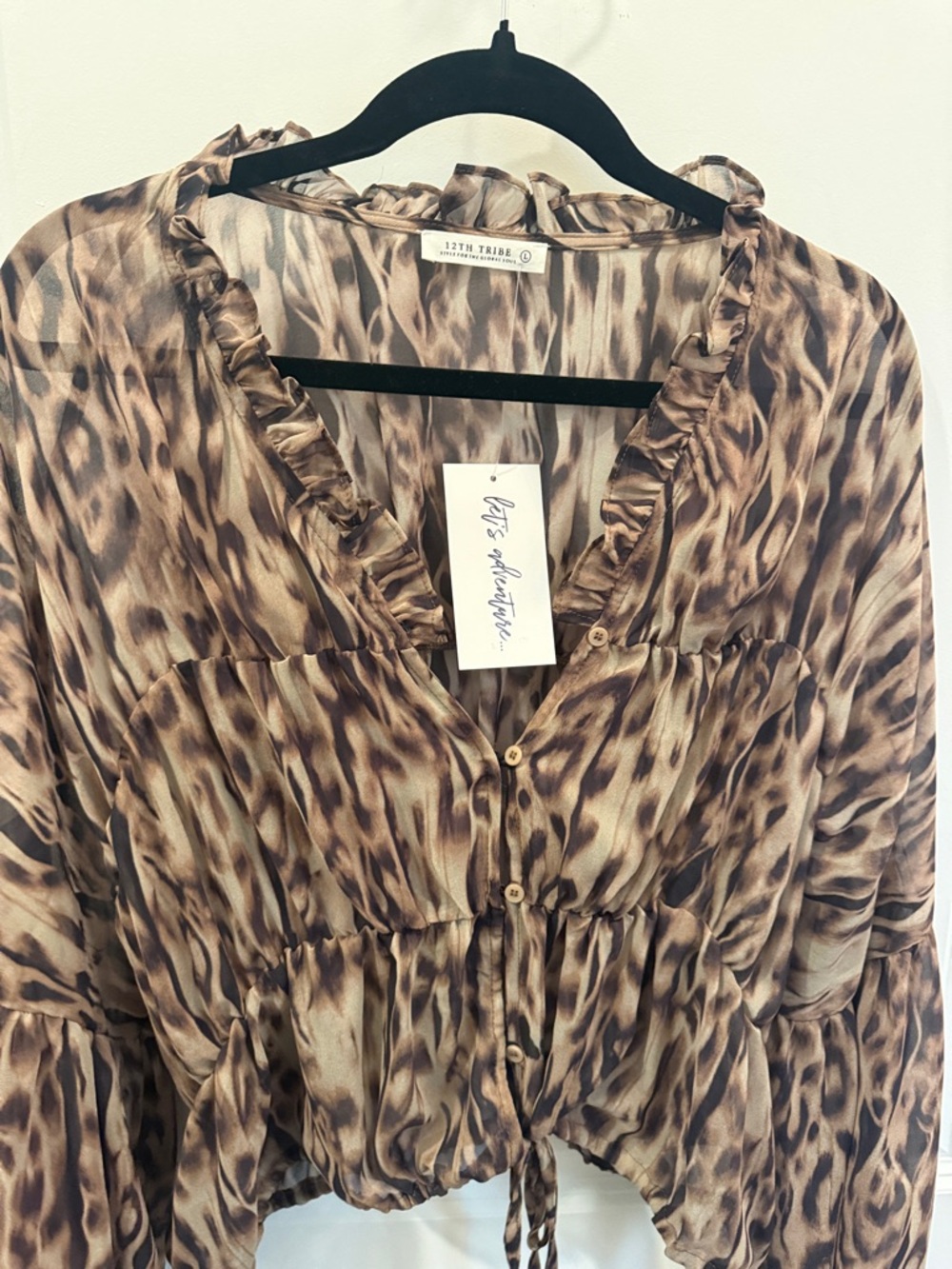12th Tribe Leopard Print Ruffled V-Neck Blouse in Brown and Tan - Picture 16 of 16